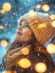 Little girl with christmas lights enjoying the holidays outdoors in snowfall. Happy cute child girl playing with Chistmas festive lights. digital ai