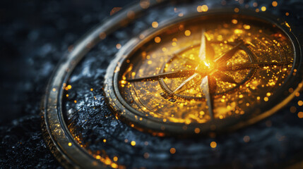A golden compass with a glowing light in the center. The compass is surrounded by a dark background. The topic of astrology and tarot.