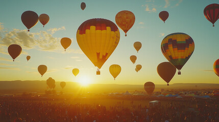 Naklejka premium Albuquerque International Balloon Fiesta, the morning sky is filled with hundreds of colorful balloons in various shapes, the rising sun emits a warm light, Ai generated images