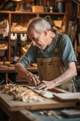 Mature man works on woodworking project in garage workshop. He focuses on carving wood with chisel. Various tools and materials surround him. The scene shows dedication to craftsmanship.