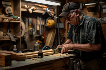 Mature man carves wood in cluttered workshop. Garage woodworking scene with tools and materials. Man focused on work, shows skill. Perfect image for DIY projects, woodworking tutorials.