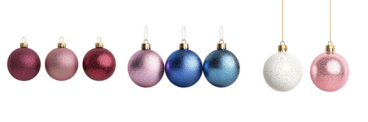 3D Christmas Baubles with Glitter and Sparkles Holiday Decor Shiny Finish Isolated on White and Transparent Background