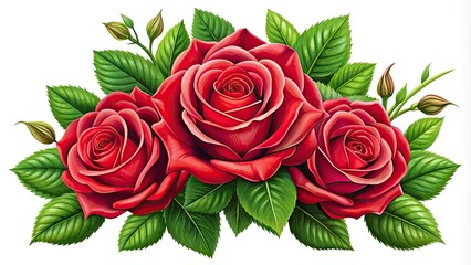 Vibrant, Stylized Red Roses With Green Leaves, Perfect For Expressing Love, Joy, And Admiration In Designs And Illustrations.