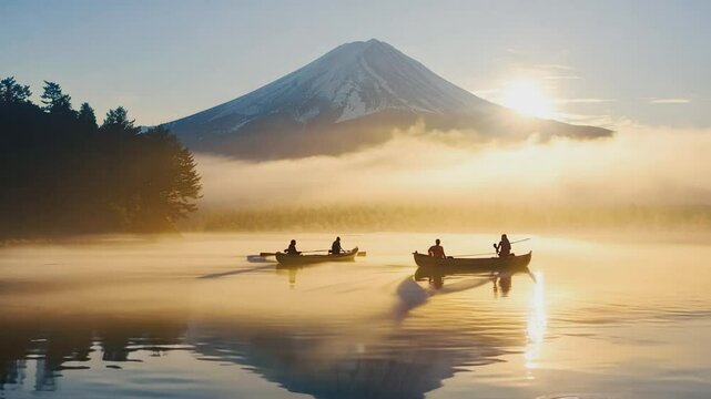 Three rowers navigate a tranquil lake at dawn, with the iconic snow-capped Mount Fuji rising majestically in the background.