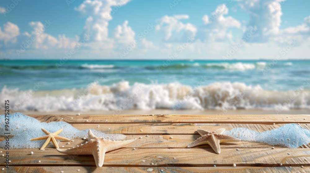 Wall mural Wooden table with ocean in background for displaying products, depicting summer beach theme.