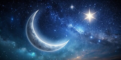Fototapeta premium A luminous sliver of moon, aglow with gentle light, floats serenely against the inky darkness, accompanied by a