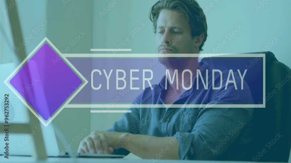 Poster Typing on laptop, man working with Cyber Monday animation over screen