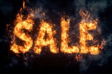 text "sale" burning in fire on black background. 3D Rendering with generative ai