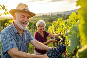 european tourism, senior tourists participating in a grape harvest in a Tuscan vineyard
