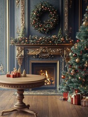 Fototapeta premium Table with christmas tree and fireplace with copy space