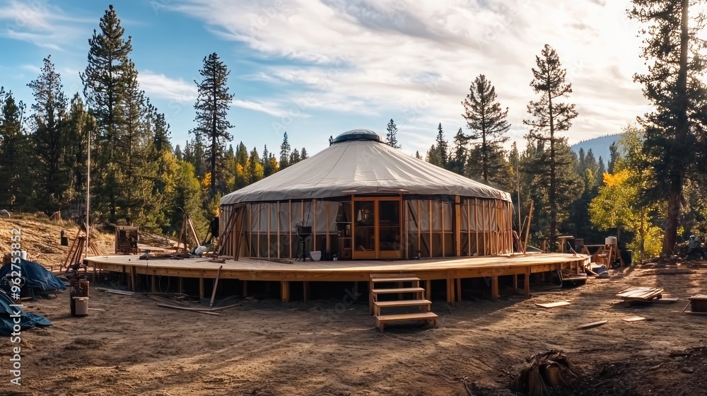 Poster a time-lapse sequence of a yurt being built, from the initial setup to the final completed structure