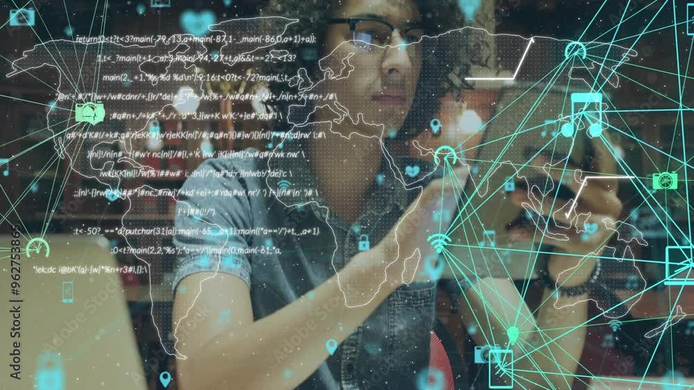 Poster interacting with touchscreen, person processing data over global network animation