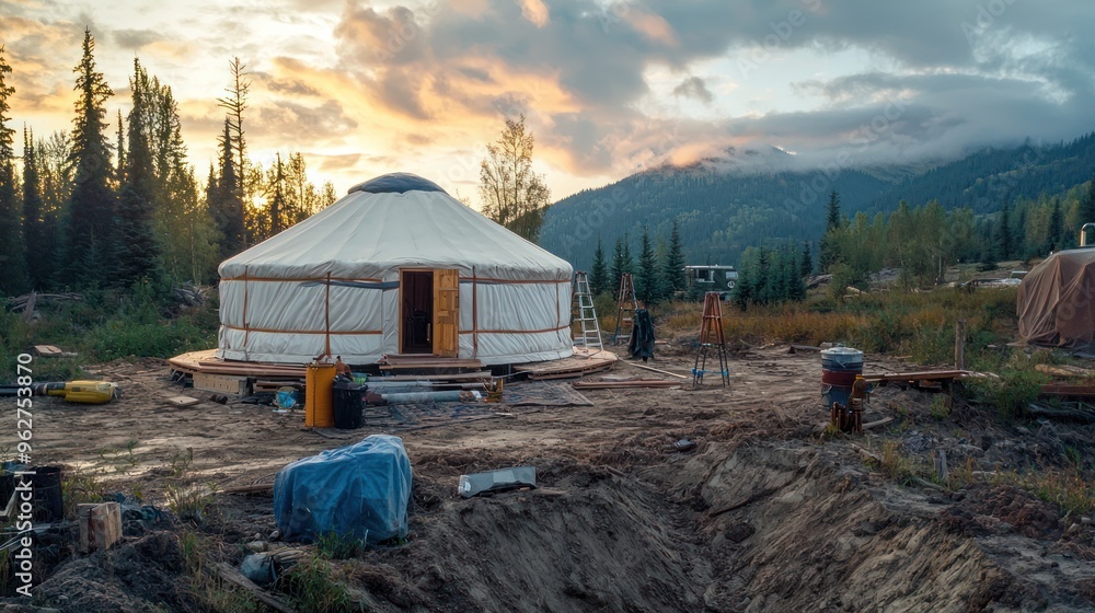 Poster A time-lapse sequence of a yurt being built, from the initial setup to the final completed structure.