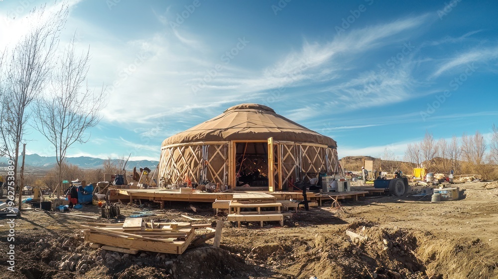 Poster a time-lapse sequence of a yurt being built, from the initial setup to the final completed structure