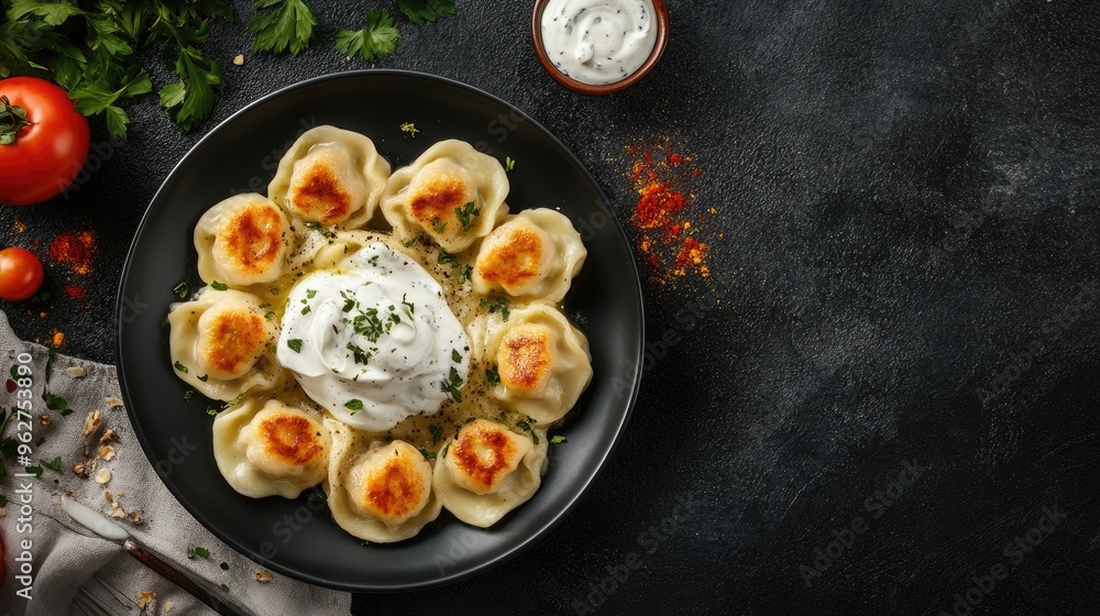 Sticker Plate of baked vareniki with sour cream, traditional Russian dumplings, with copy space on the side.