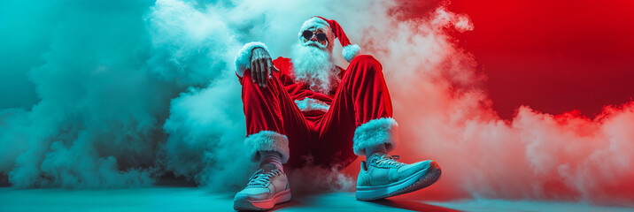 A Santa Claus character, dressed in a vibrant red suit and sporty sneakers, poses in a cloud of colorful smoke. The atmosphere is festive, combining traditional holiday cheer with urban culture.
