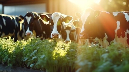 Holstein cows feeding on hay in sunlit barn  a glimpse into modern dairy farming practices