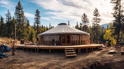 A time-lapse sequence of a yurt being built, from the initial setup to the final completed structure.