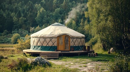 A yurt build in a picturesque location, with natural materials being used and a clear view of the surroundings.
