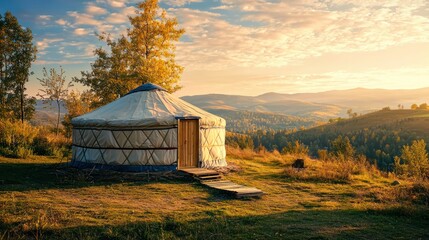 A yurt build in a picturesque location, with natural materials being used and a clear view of the surroundings.