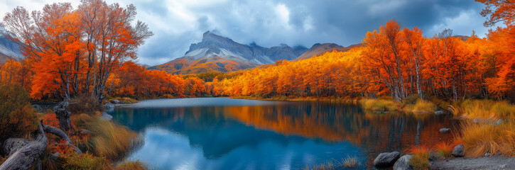 Fototapeta premium Scenic Panoramic view of scenic autumn landscape with bright fall foliage and snow-covered mountains, Generative AI image. 