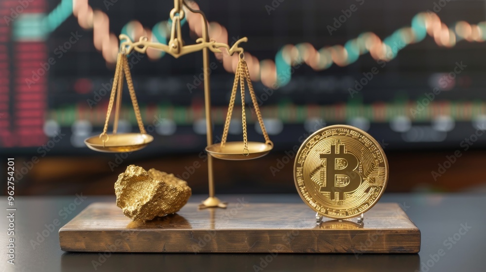 Poster a detailed image of a bitcoin coin and a gold nugget placed on scales, set in front of stock market 