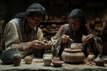 Native American women create traditional pottery in a dimly lit room. One shapes clay with hands while another applies glaze to a pot. The space is filled with various ceramics on tables and shelves.