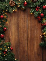 Weihnachtsschmuck Tannenzweig am oberen rand auf Holzhintergrund, Draufsicht