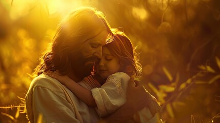 Jesus and a child in a tender embrace golden hour light
