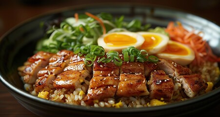 Fototapeta premium Close up of a bowl of teriyaki chicken fried rice with two boiled eggs, green onions, and cucumbers.