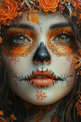 highly detailed painting, Young woman with dia de los muertos makeup, day of dead, 20-25 years old, stunning, delicate features, slight smile, delicate brushstrokes, skull painting