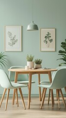 Mid-century modern mint-colored living room with round wooden dining table and mint chairs. Wall art mockup