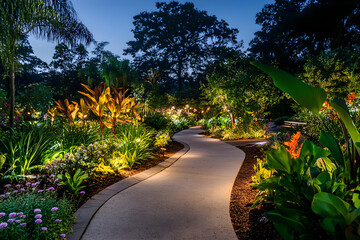 Naklejka premium Enchanting Moonlit Botanical Garden with Exotic Plants and Illuminated Pathways for Magical Nighttime Strolls