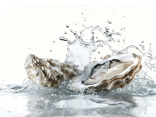 Fresh oysters dropping into sea water splash enhancing the seafood freshness