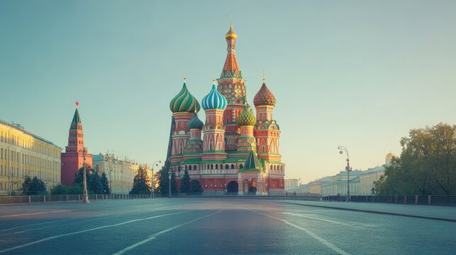 St. Basil's Cathedral in Moscow's Red Square, vibrant domes against a clear sky with empty surroundings.
