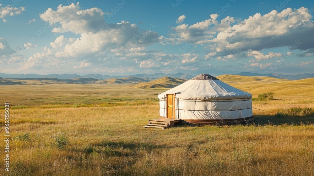 Poster a yurt set against a vast landscape, showing its relative size and position within the surrounding s