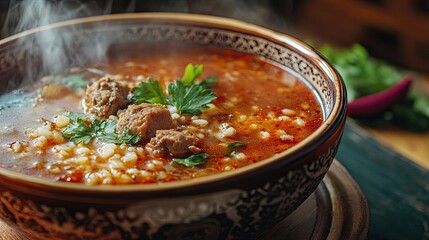 Steaming hot bowl of Russian kharcho soup, filled with tender meat and rice, with room for copy space.