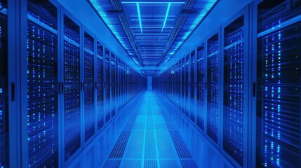 A high-tech server room with blue lighting and rows of server racks.