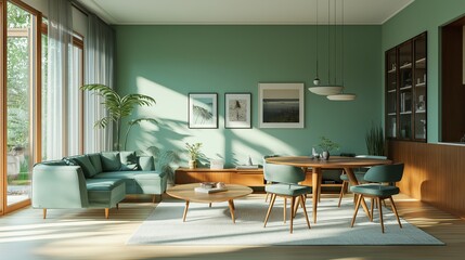 Mid-century modern mint-colored living room with round wooden dining table and mint chairs. Wall art mockup
