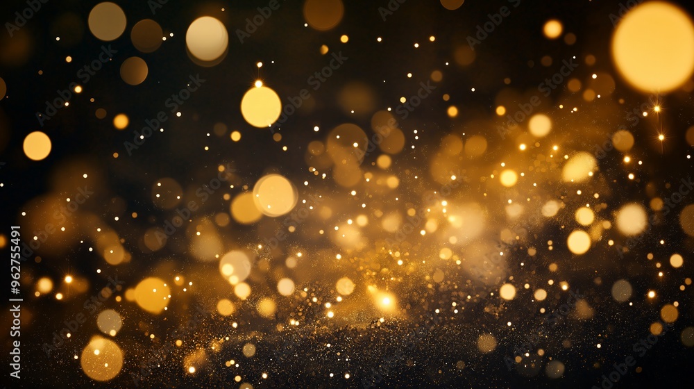 Poster abstract black background with gold bokeh and sparkling dust.