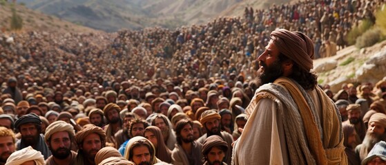 Jesus speaking to a large crowd on a hillside panoramic view