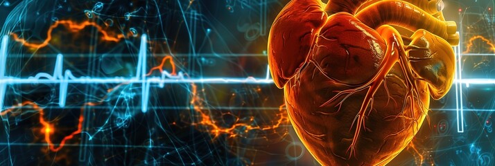 Digital illustration of a human heart with a blue EKG line in the background. Concept of health, medicine, and human anatomy.