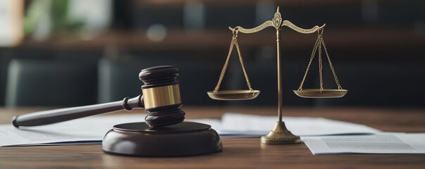 Gavel and scales of justice positioned on a desk with legal documents, representing the importance of legal decisions and justice