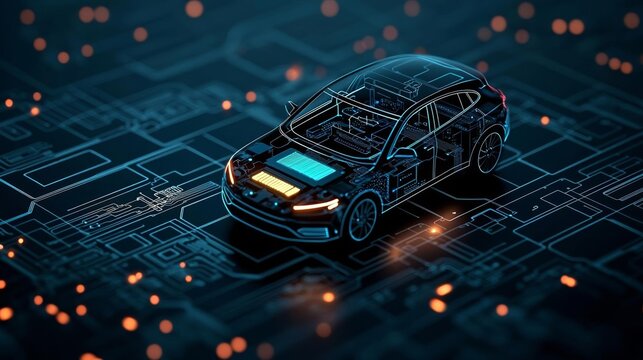 High-tech electric car schematic with illuminated lithium battery and circuitry, representing the future of green automotive engineering