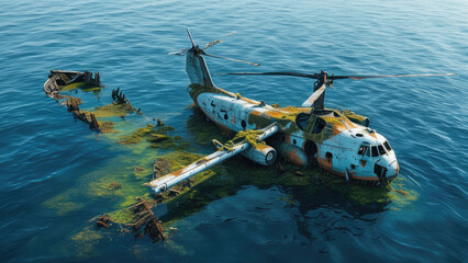 Obraz premium Aerial View: Helicopter Wreckage in the Ocean