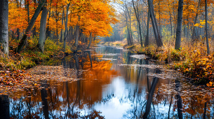 Tranquil River in Autumnal Forest: Scenic Reflections of Trees and Fallen Leaves on Water in Peaceful Afternoon - Editorial Photography