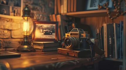 A vintage camera with brass and wooden elements
