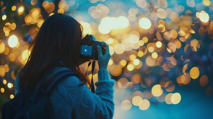 A woman holding a camera against a bokeh background