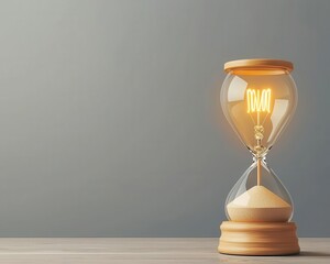 Hourglass with a glowing lightbulb in the center, representing timesensitive business updates, glowing hourglass lightbulb, innovation timing