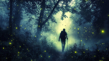 Fototapeta premium Hiking in a foggy forest